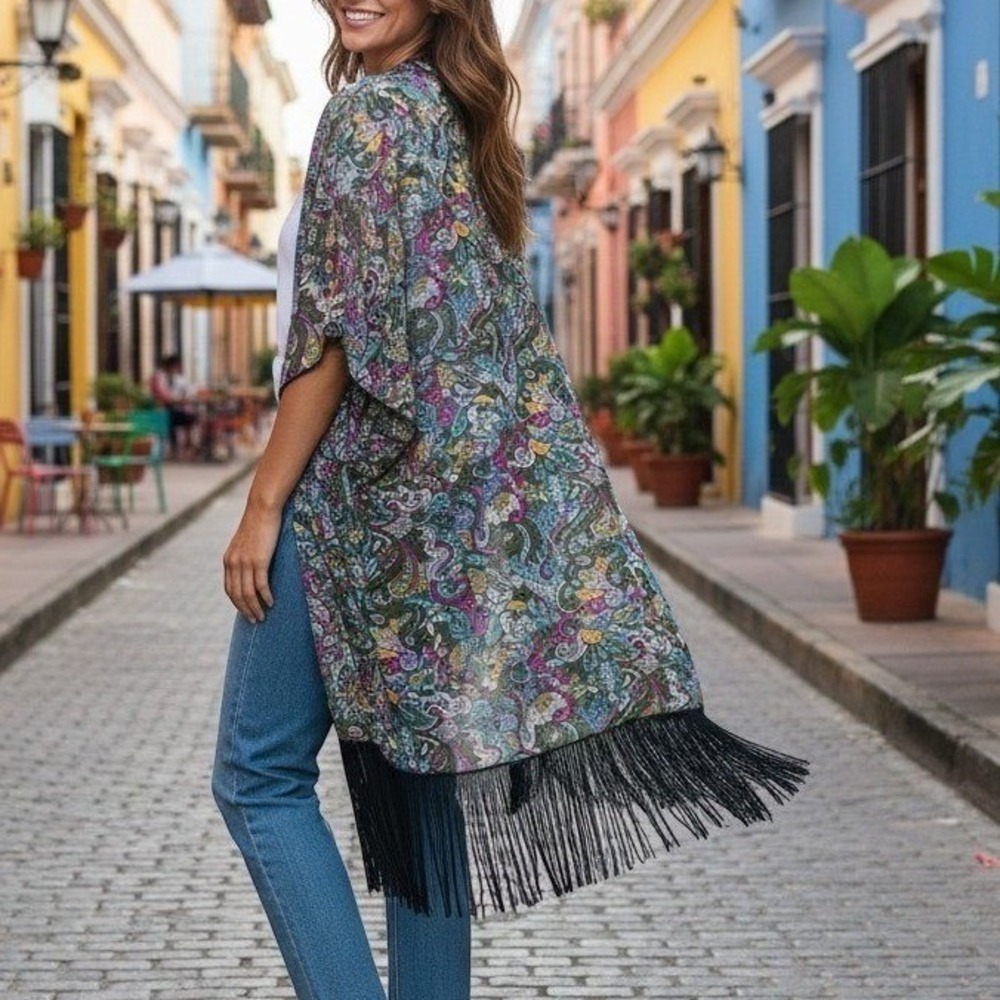 LuLaRoe Monroe Kimono - Multi Color Paisley Fringe Open Front NWT
